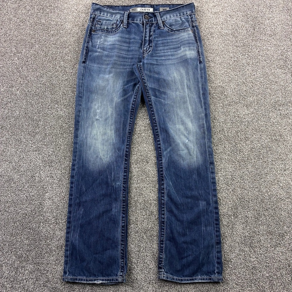BKE Buckle Jeans Mens 30R Blue Carter Bootleg Western White Stitching Whiskers